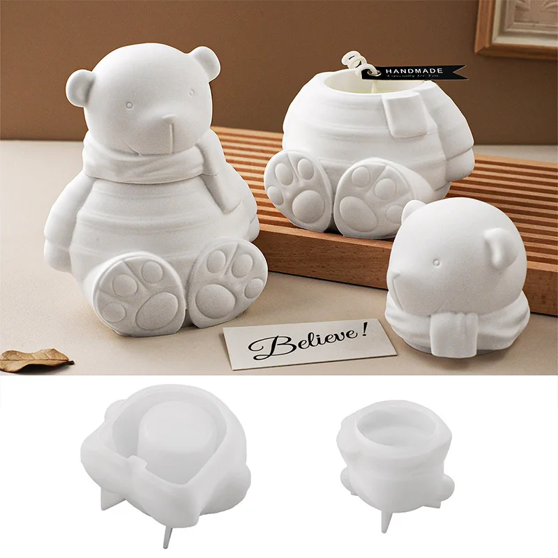 ثلاثية الأبعاد لطيف وشاح الدب شمعة جرة قالب من السيليكون DIY بها بنفسك الحيوان تصميم صندوق تخزين الحرف صنع الجص الراتنج قوالب الصب ديكور المنزل