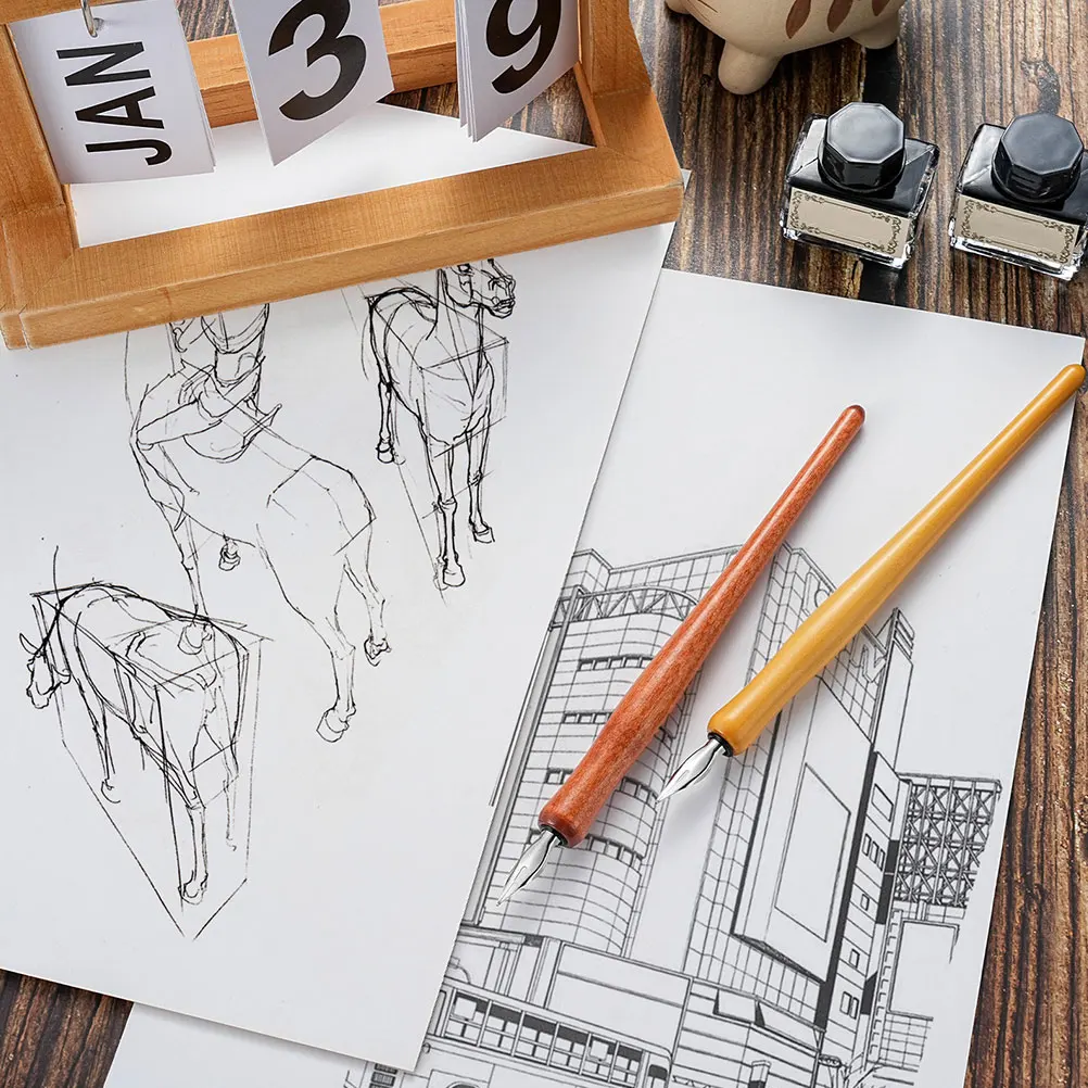 

Vintage Solid Wood Dip Pen Set Gothic Flat Nibs Calligraphy Pens Art Writing Drawing Portable Painting Dipping Tool