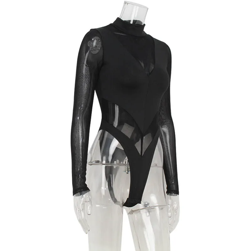 Black Mesh Long Sleeve Bodysuit for Women Front Hollow Out Bandage Bodysuits