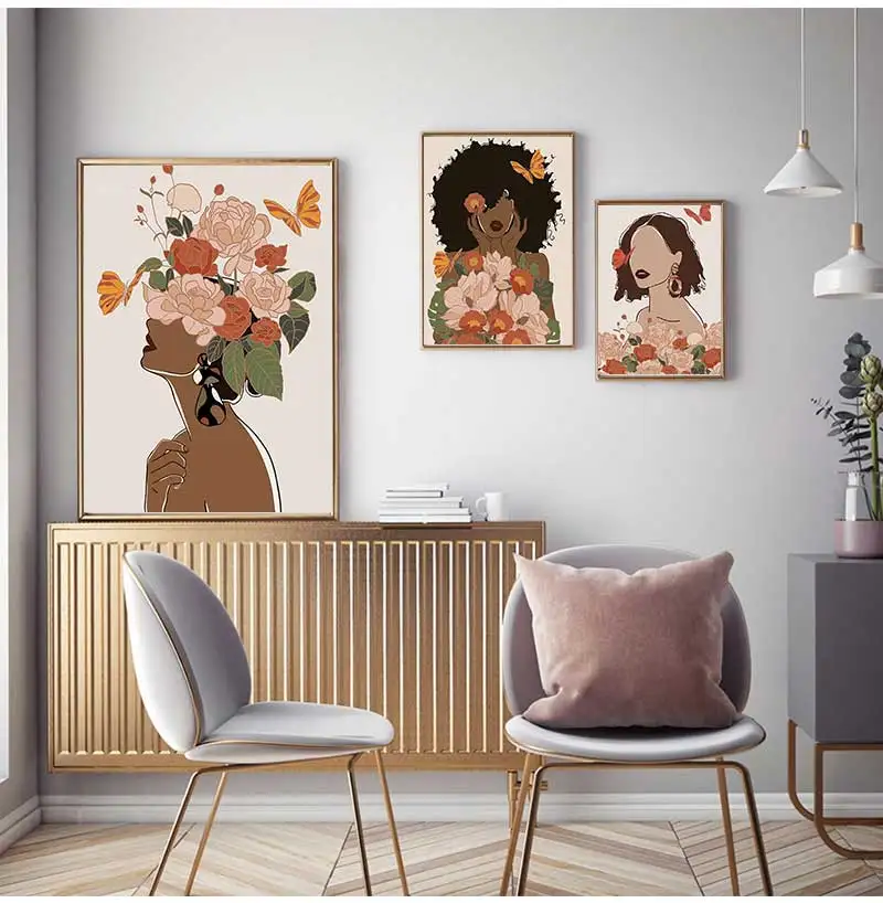 Flower woman head canvas poster nordic black skin boho wall art prints modern decorative painting picture living room decoration