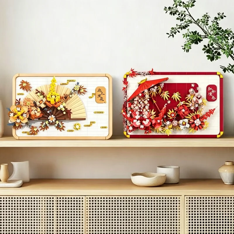 

Blooming Fan & Red Umbrella Romance Building Blocks, Chinese Traditional 3D Painting Bricks Set, DIY Assembly Model, Home Decor