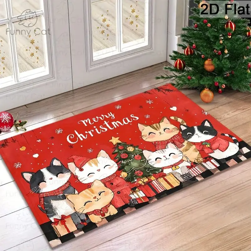 VIKAMA Christmas Door Mat Five Cats Santa Hat Print Merry Christmas Entryway Mat Non Slip Holiday Winter Cozy Cute Home Decor