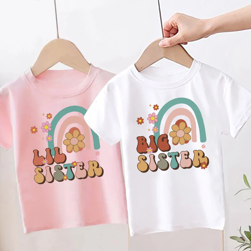 

Big Sister Little Sister T-shirt Rainbow Print Girl Matching Tops Summer Sibling Shirt Retro Family Look Outfit Kid Clothes Tee