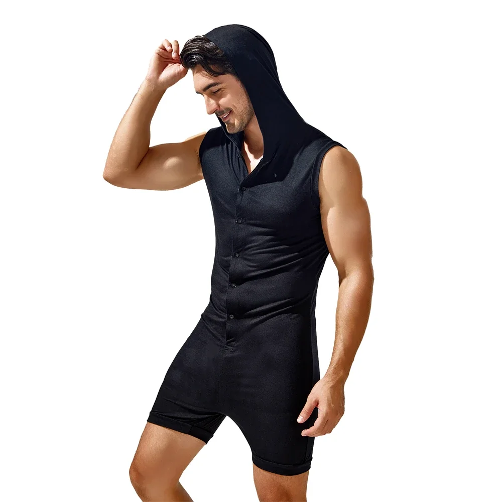 Men Casual Short Jumpsuit Tights Fashion Sleeveless Bodysuit Button Hooded Rompers Short Pants Casual Homewear Tracksuit Pajamas