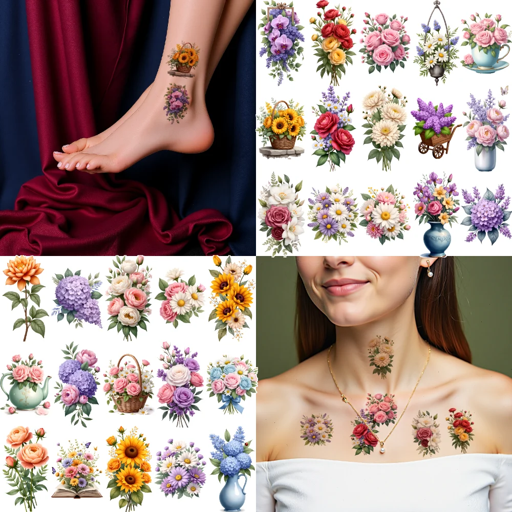 63 pçs tatuagem temporária margaridas à prova dwaterproof água de longa duração corpo adesivos peônias bules ilustração vasos para ombros