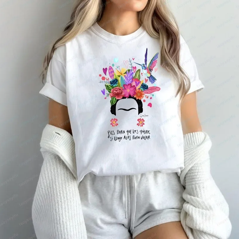 Floral Frida Kahlo Hummingbird and Heart Graphic Unisex Cotton T-Shirt Summer Fashion Casual Tees Graphic Cinco De Mayo Tops