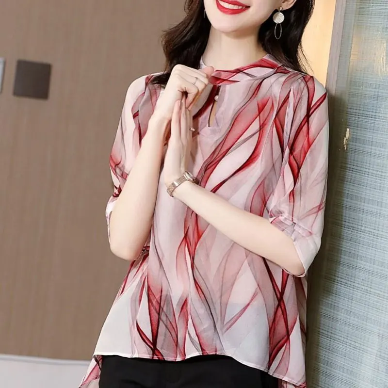 2023 Summer Commute Stand Collar Cut Out Chiffon Blouse Female Clothing Stylish Printed Casual Half Sleeve Loose Patchwork Shirt