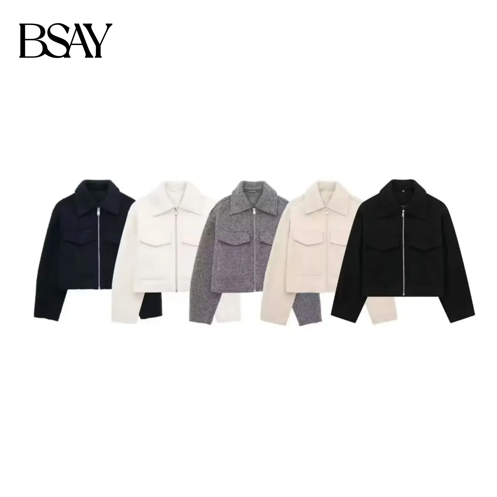

BSAY Women Fashion Autumn Winter New Solid Color Jacket Long Sleeved Lapel Zip Flap Pocket Short Coats Chic Ladies Tops Mujer