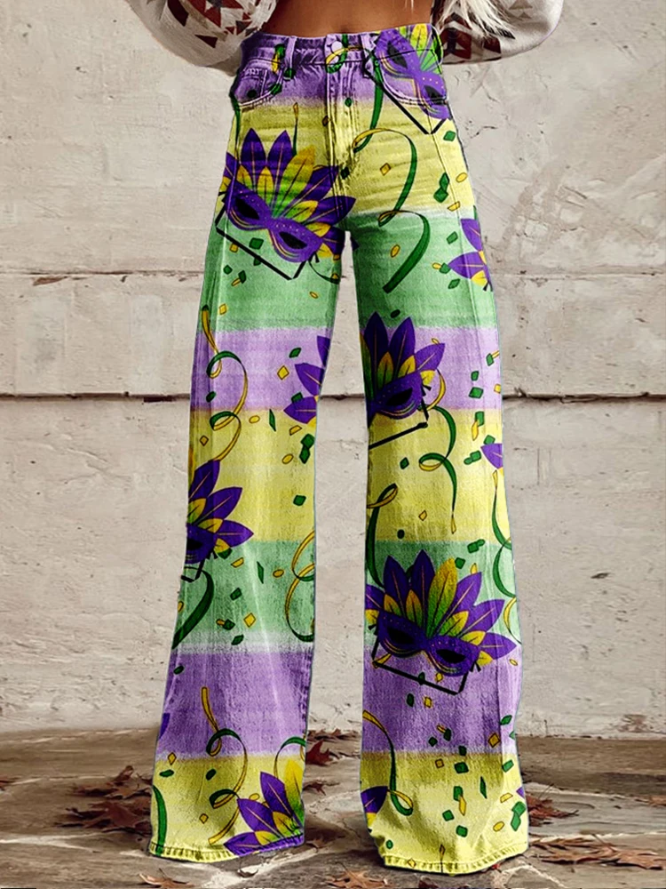 Mardi Gras Mask Feather Wide Leg Pants