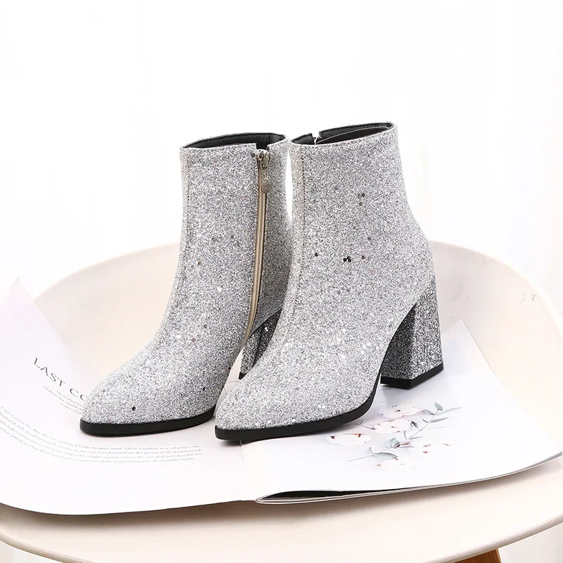 2024 New Ladies Ankle Boots Sequined Fashion Zipper Thick High Heels Pointed Toe Winter Boots Gold Silver Green Women Chelsea