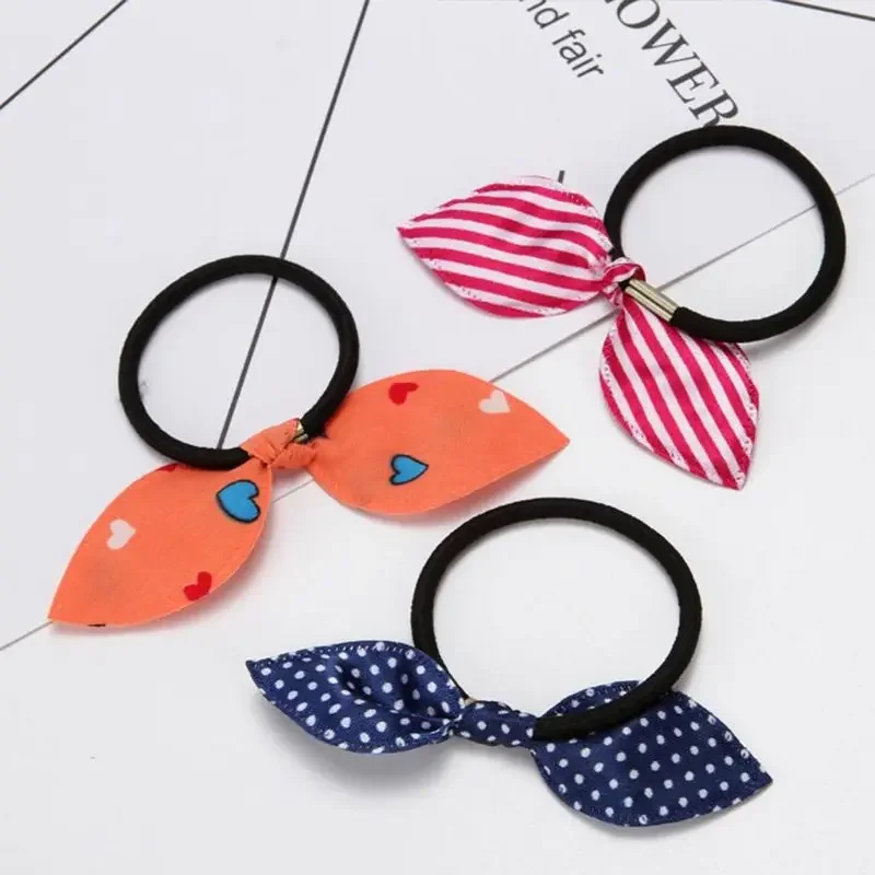 Girl Long Rabbit Ears Bowknot Elastic Hair Rope Polka Dot Stripe Cloth Rubber Band Metal Buckle Ponytail Holder