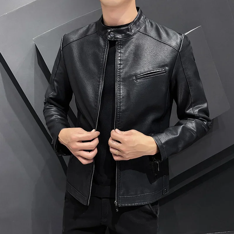 Spring and Autumn New Men's Thin Fleece Casual Leather Jacket Fashion Brand Casual Slim Fit Versatile Windproof Motorcycle Wear