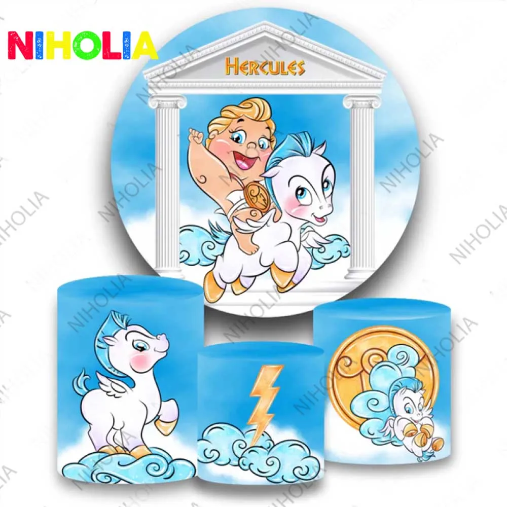 Hercules Round Photo Backdrop Kids Birthday Party Decoration Baby Shower Cylinder Covers Photo Props For Cake Table