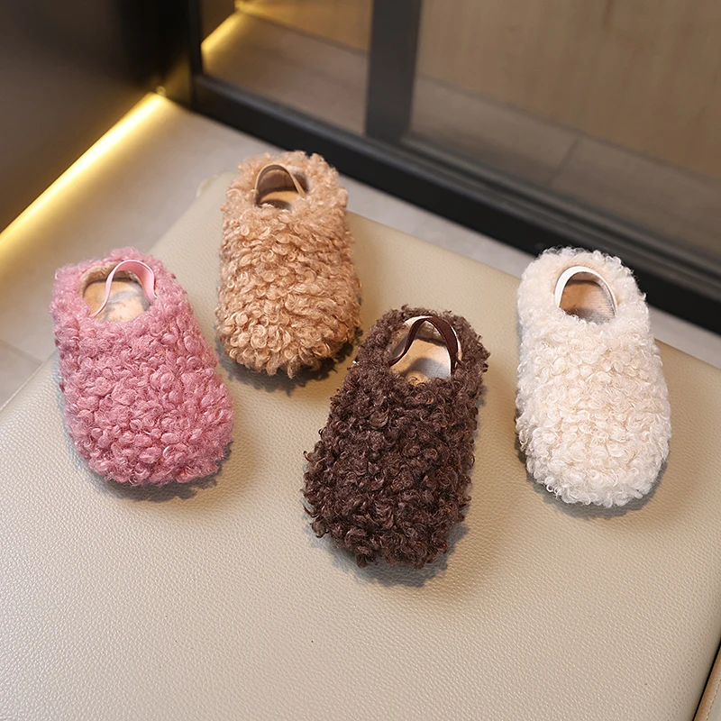 

Зимние классические тапочки без шнуровки для девочек, модные повседневные детские теплые домашние плюшевые тапочки, нескользящая простая детская меховая обувь с волосатой обувью