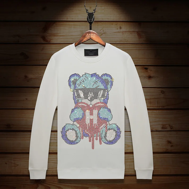 2024 Cartoon Bear Rhinestones Mens Hoodies Fashion Streetwear Slim Full Pullover Autumn Hoodie for Men Clothing Ropa Para Hombre