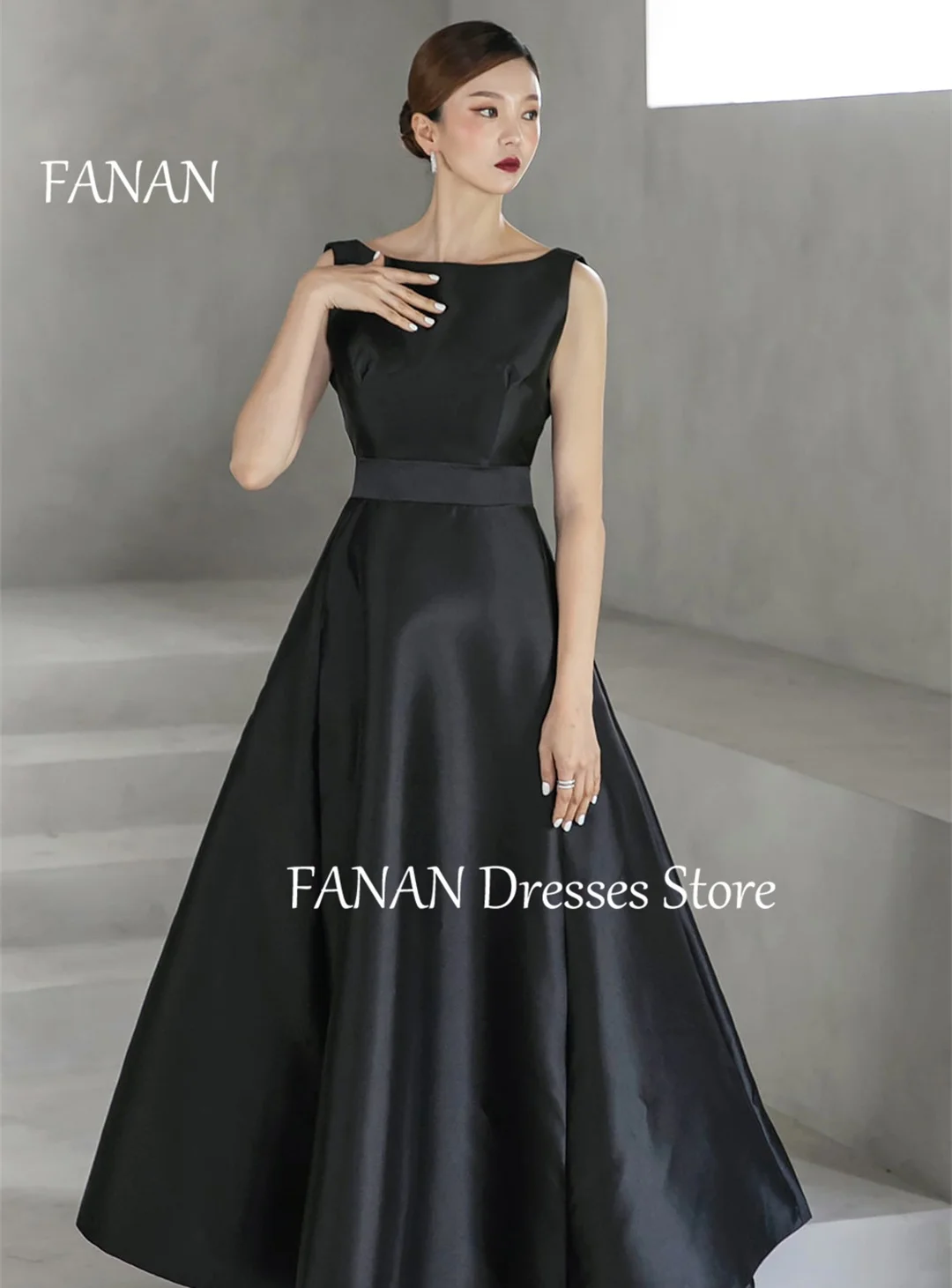 FANAN Boat Neck Ruched Black Fashion Evening Party Dresses Sleeveless Japan Customized Women Formal Gowns Event Prom Gowns