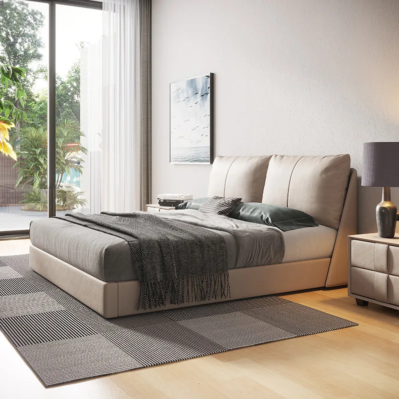 Nordic, leather bed, double, modern, minimalist, master bedroom, top layer cowhide Internet celebrity