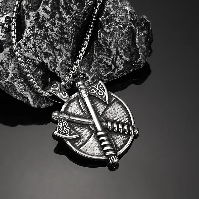 Nordic Retro Ethnic Style Warrior Tomahawk Compass Pendant Necklace Men's Fashion Punk Rock Trend Cool Jewelry