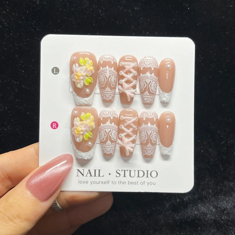 

10PCS 3D Flower Medium Coffin Press on Nails Handmade Floral with White Lace Nude French False Nails Sweet Romantic Pearl Nails