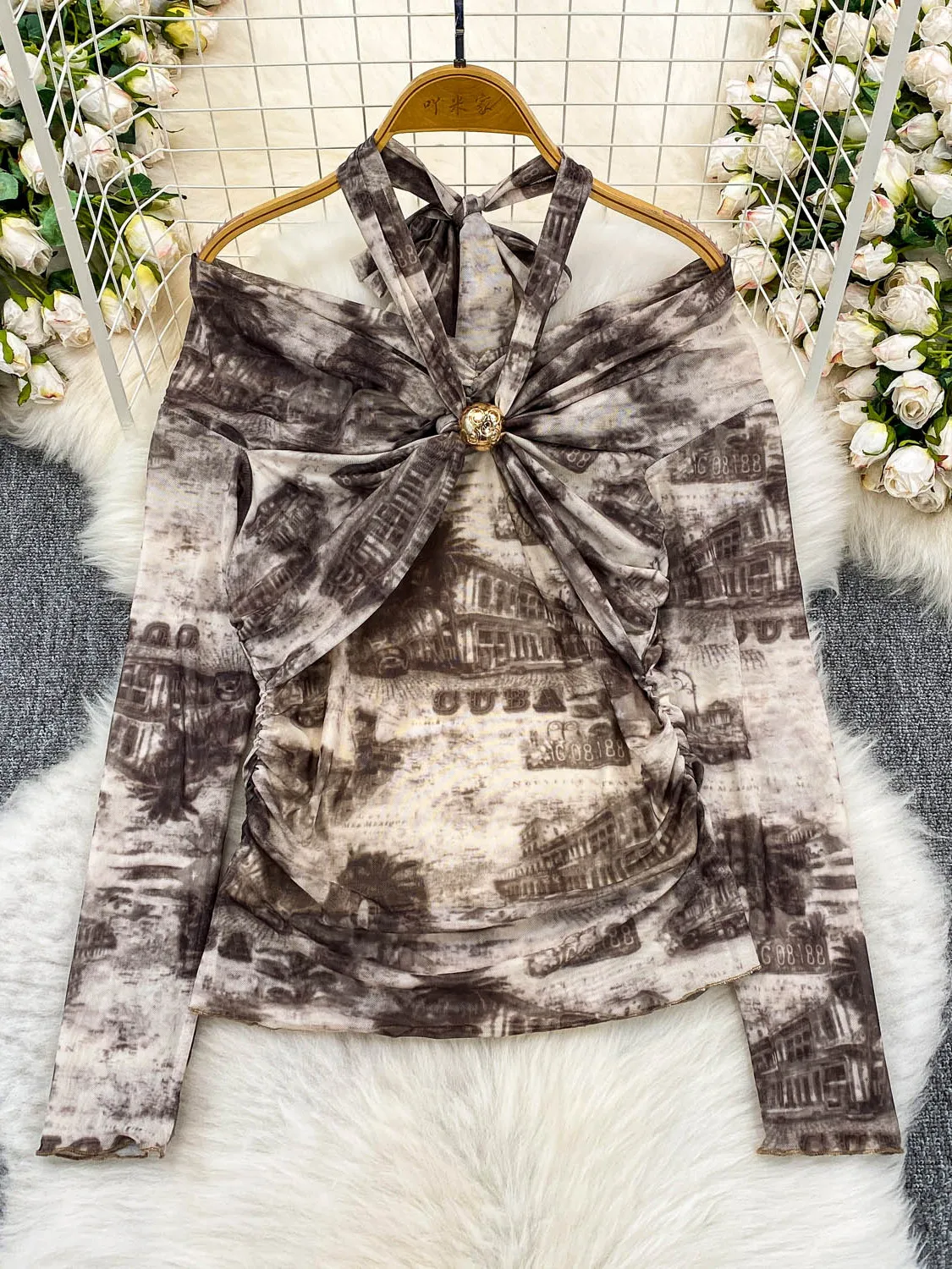 

Ele One-oulder Knot Ne T-irt Women's New Retro Lace Print Slimming Top Trendy Commute Sle Long Sve Floral Pattern