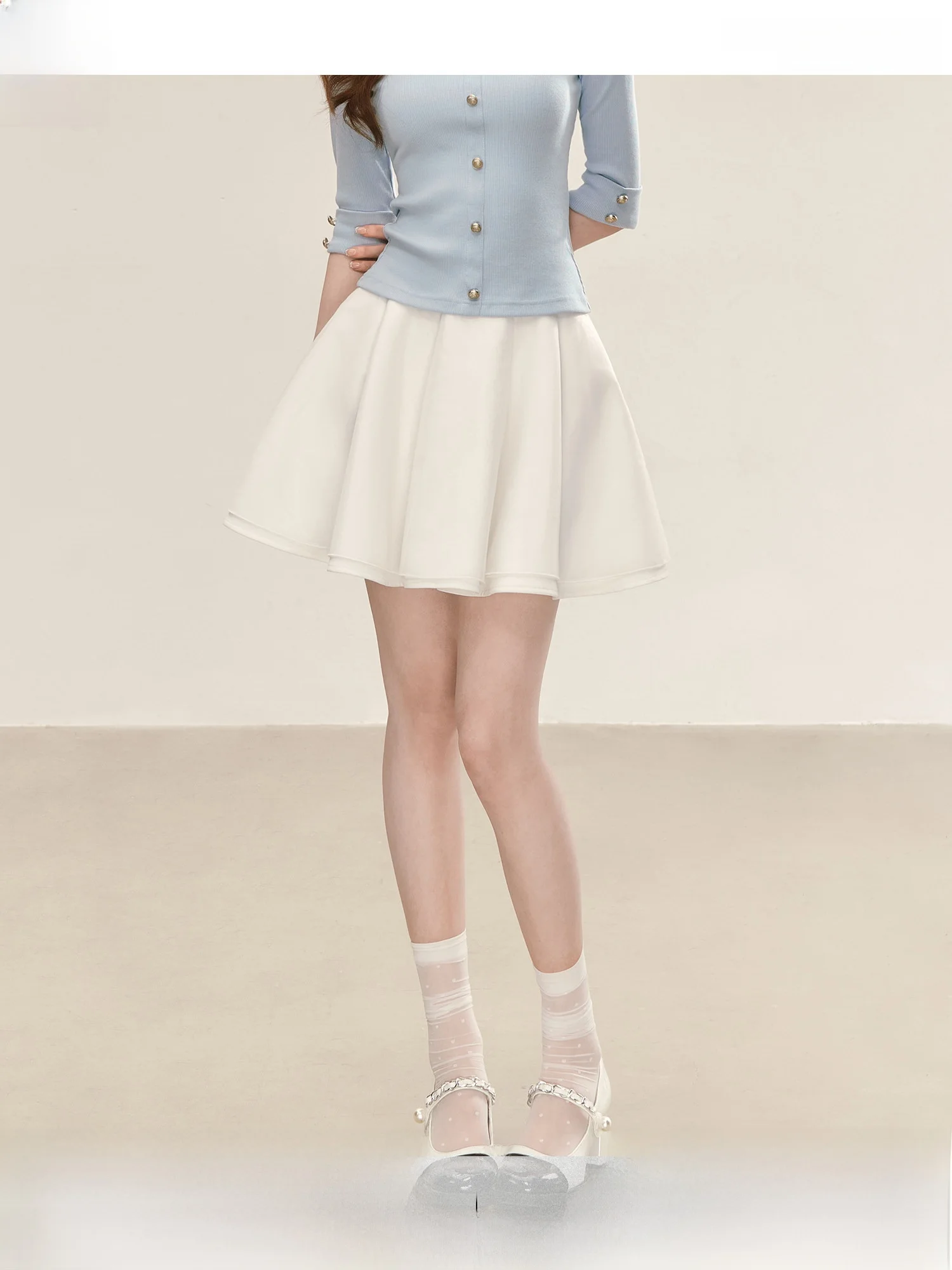 QDQD Elegant White Puffy Umbrella Skirt Casual Versatile Pleated  Skirt Spring Summer New Style Polyester Spandex Blend