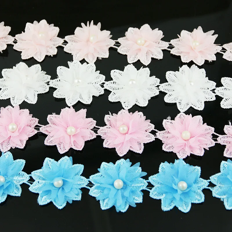 17 Flowers/roll 5cm Width 4 Colors Lace Fabric Chiffon Flowers Home Decoration Clothing Accessories Handmade DIY Crafts Lace