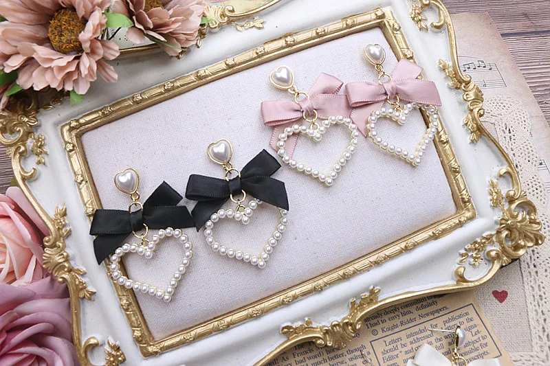 Japanischer Lo Style Lolita Ohrring Perle Herz Loria Schmuck Süße süße Damen Schleife Harajuku Schwarz Y2K Mädchen Geschenk