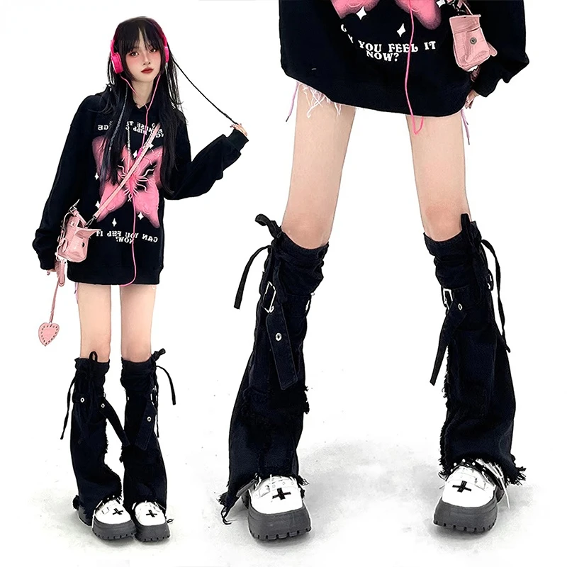 

Harajuku Y2k Bandage Leg Warmers Denim Black Cross Patchwork 2023 Fashion Women Goth Girl Long Boots Cover Warm Knee-high Socks