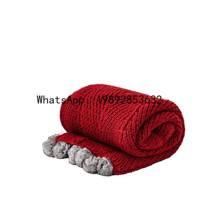 SLT Red Thickened Knitted Blanket with Hairball Corrugated Iceland Knitted Ball Blanket Decorative Blanket Air Conditioning