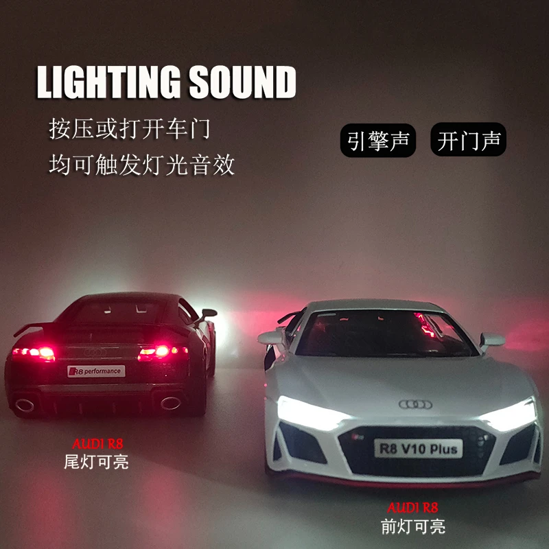1:24 R8 V10 Plus Alloy Sports Car Model Diecasts Metal Toy Car Model Simulation Sound Light Collection Kids Toys Gifts A405