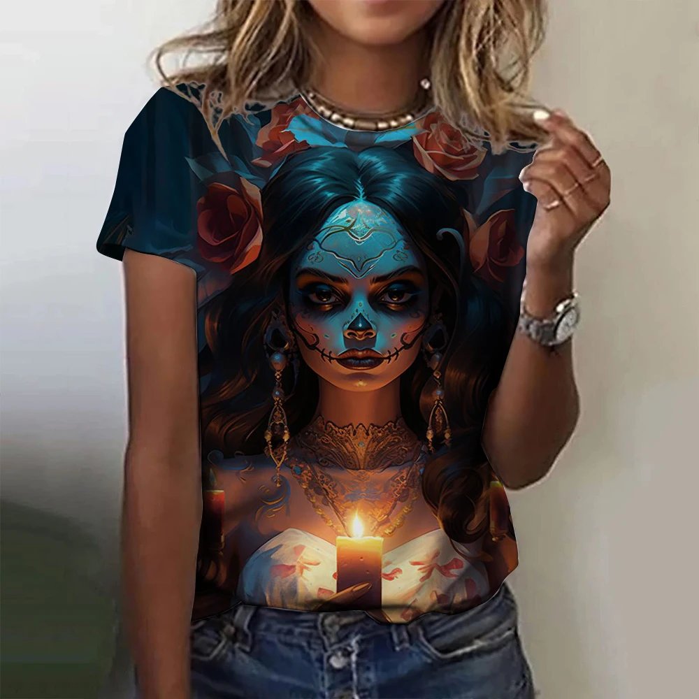 

Women's T-shirt for Girls Summer Short Sleeve Casual Fashion Sexy Girls Clothes Horror Undead Skull Pattern Oversized T-shirts