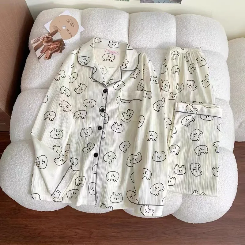 Sweet Ms. Korean Version of The Colorful Polka Dots Cute Bubble Wrinkled Pajamas Home Wear Female Long-sleeved Pants Girl Suit
