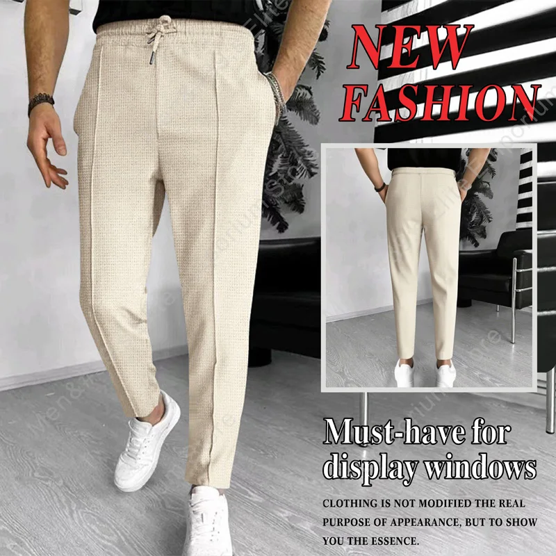 Men's Waffle Knit Casual Pants, Slim Fit Drawstring Trousers with Pockets, Stylish for Spring Autumn Outdoor & Daily Wear forMen