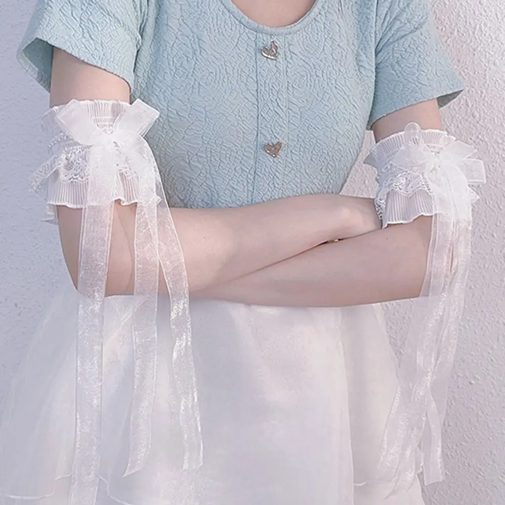 Arm Warmers Bowknot Arm Sleeve Hand Sleeve Ruffled Floral Layered Lace Arm Cover Elastic Oversleeves Wrist Cuffs Bridal view 3