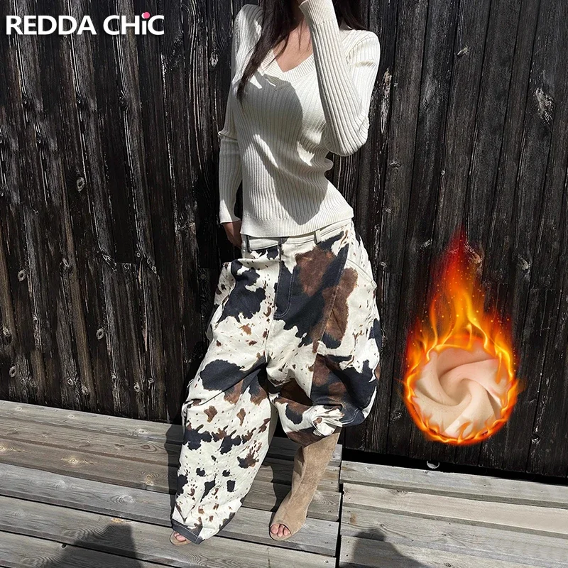 IMU Warm Thermal Baggy Jeans Cow Leopard Curved Wide Leg Low Rise Fleece Lined Barrel Pants Western Vintage Women Workwear