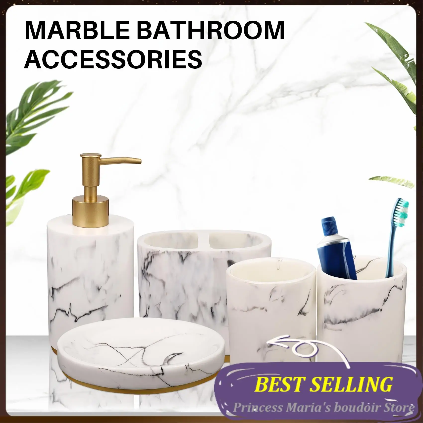 

AB30-Bathroom Accessories Set, 5 Pieces Bath Ensemble, Bath Set Collection Marble Pattern Soap Dispenser Pump, Toothbrush Holder