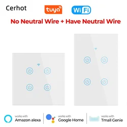 Cerhot Tuya Smart Wifi Touch Switch No Neutral Wire RF Wall Light Switch 1/2/3/4 Gang Support Alexa Google Voice Smart Life APP