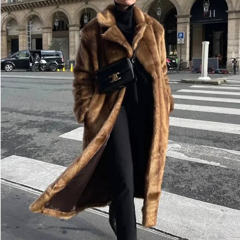 Fashion Lapel Thick Brown Mixed Fur Jacket Women Chic Long Sleeve Fluffy Plush Warm Maxi Coat Winter Lady Highstreet Outwear