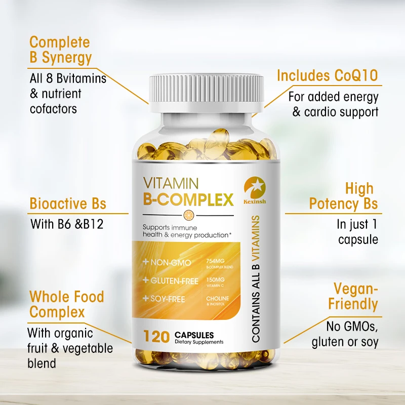 kexinsh Vitamin B Complex Complete Capsules (B12, B1, B2, B3, B5, B6, B7, B9, กรดโฟลิกและไบโอติน) ลดความเครียดและรองรับ