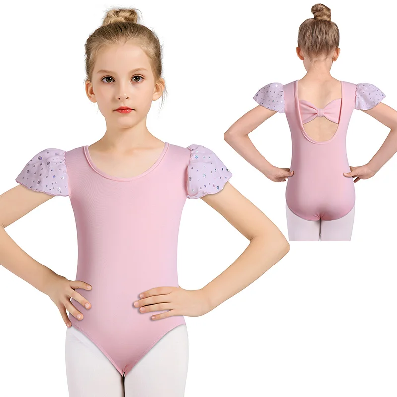 الفتيات فريق الأساسية الباليه ملابس رقص الجمباز لفتاة الجمباز قمم مع الأكمام كشكش مشرقة وجميلة القوس الخلفي ثياب الرقص