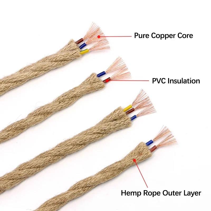 Vintage Hemp Rope Lamp Wire 2/3 Cores 0.5/0.75mm² PVC Insulated Twisted Electric Extension Cable For DIY Retro Light Bar Decor