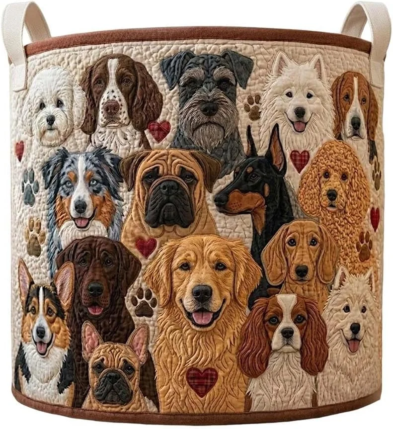 Retro Boho Quilted Storage bag, Multi Dog Breeds Print bag with Handles, Large Capacity Dirty Clothes bag