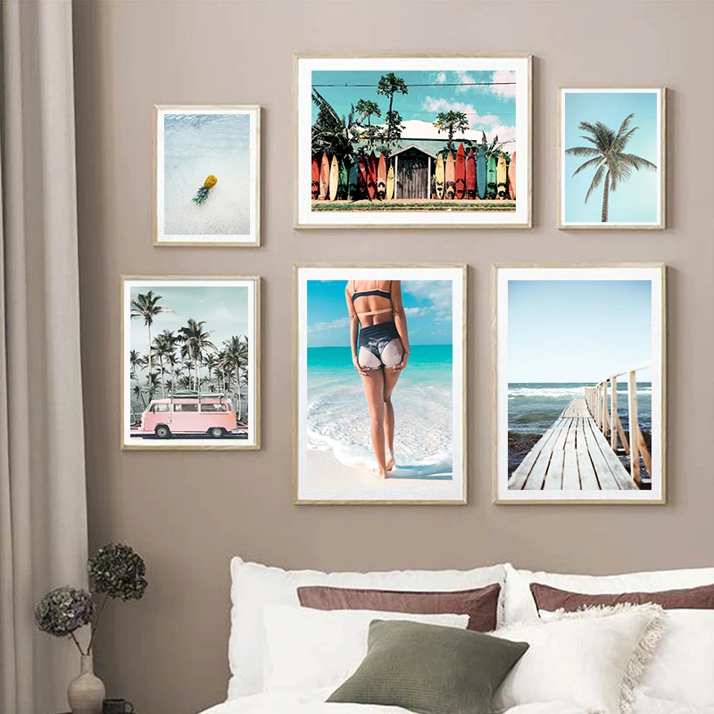 

Natural Scenery Beaches Waves Tourist Buses Wall Art Canvas, Nordic Posters, Printed Wall Paintings, Living Room Home Decoration