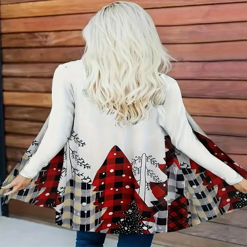 

Plus Size Christmas Coat, Women's Plus Christmas Tree Print Long Sleeve Open Front Slight Stretch Cardigan Coat