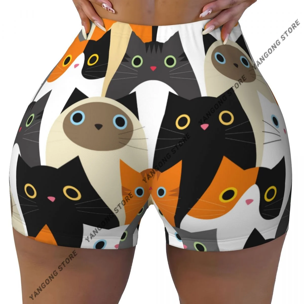 Push Up Short Elasticity Scrunch Butt Cute Cats Print Running Shorts Sports Shorts Womens Clothes Gym