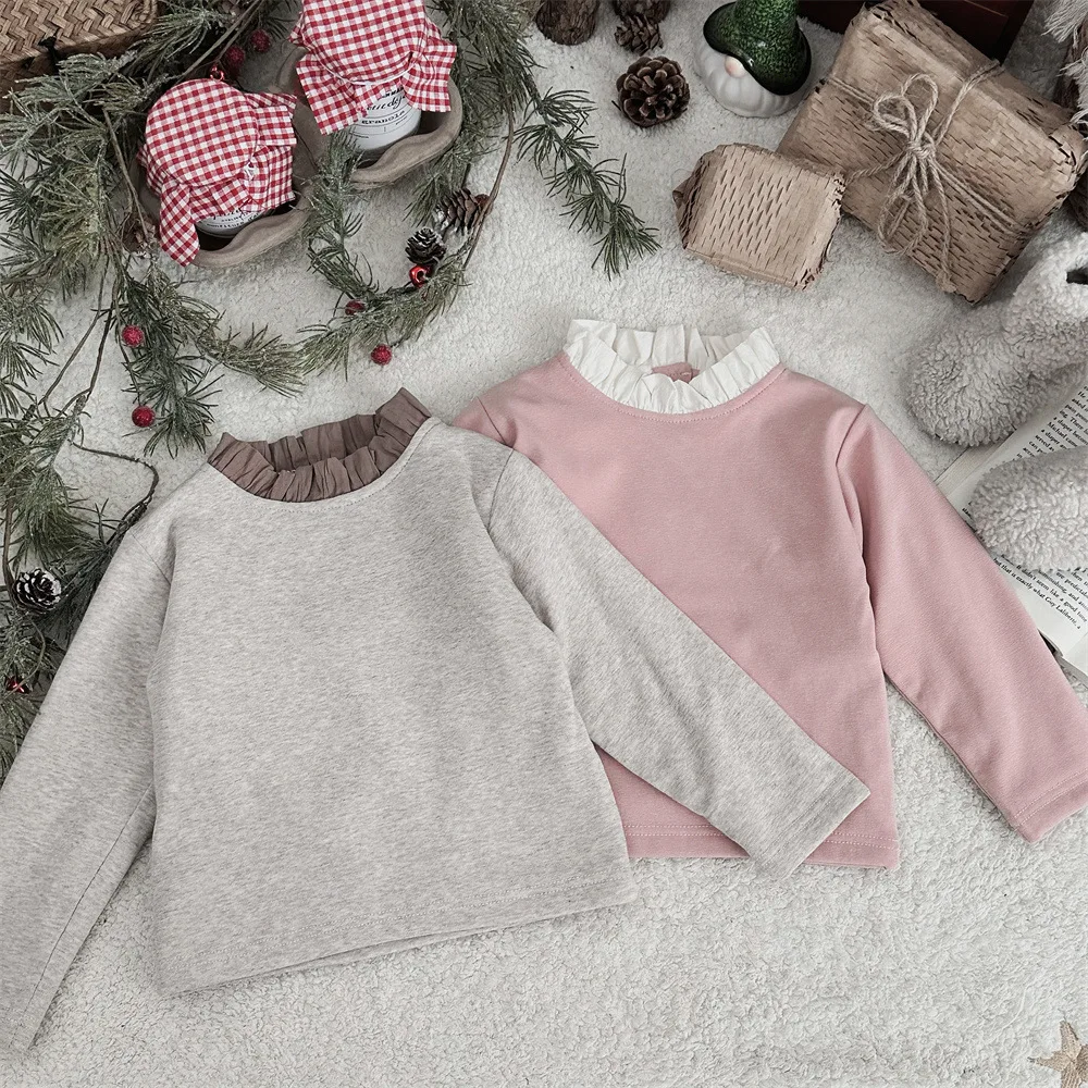 

2025 Winter New Baby Girls Lace Collar Fleece Tees Solid Infant Plus Velvet Thick Bottoming Shirt Toddler Warm Pullover Tops