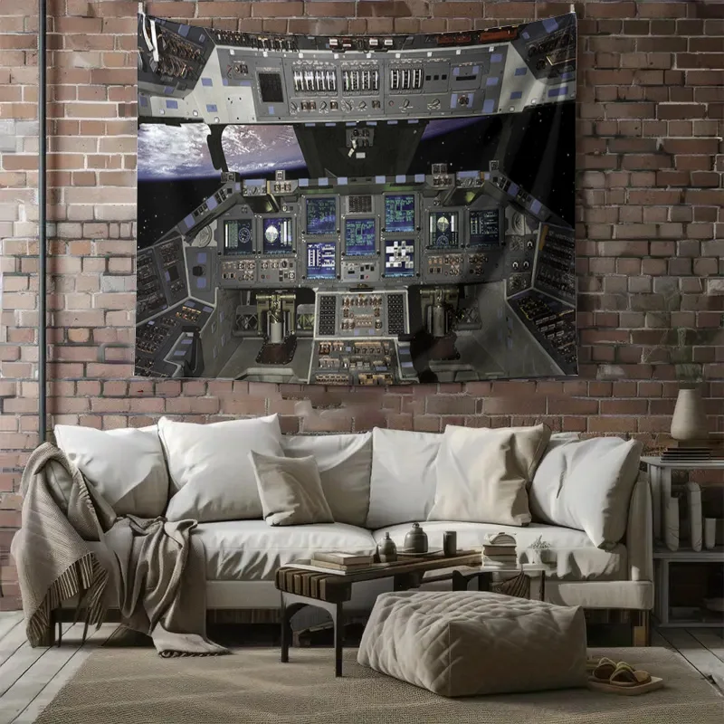 Space Shuttle Cockpit Interior with Earth View Space Station Inspired Wall Tapestry Machine Washable All Season Decor Print Home
