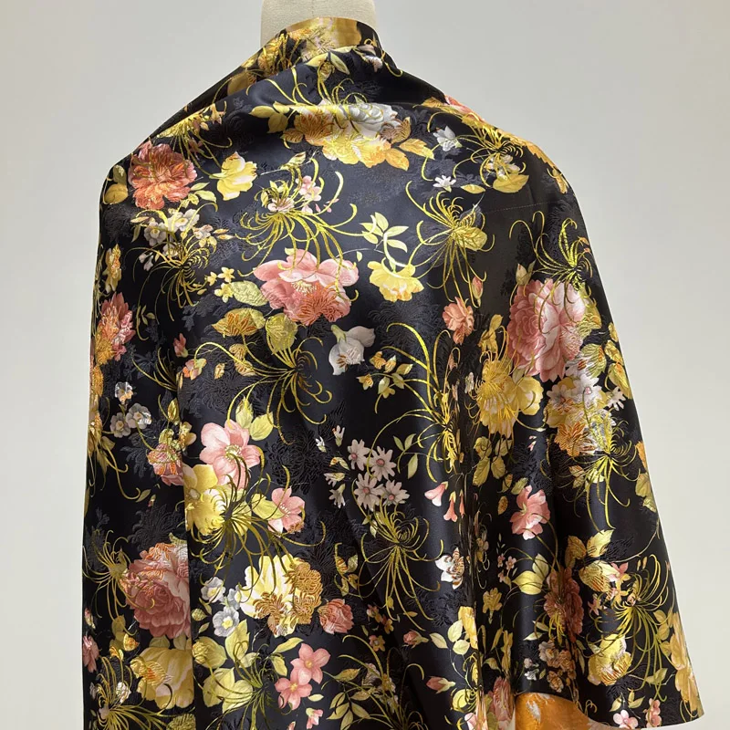 

Pre-Cut Luxurious Black Floral Bronzing Brocade, Metallic Jacquard Damask Fabric for Gowns Dresses Elegant Outfits Home Decor