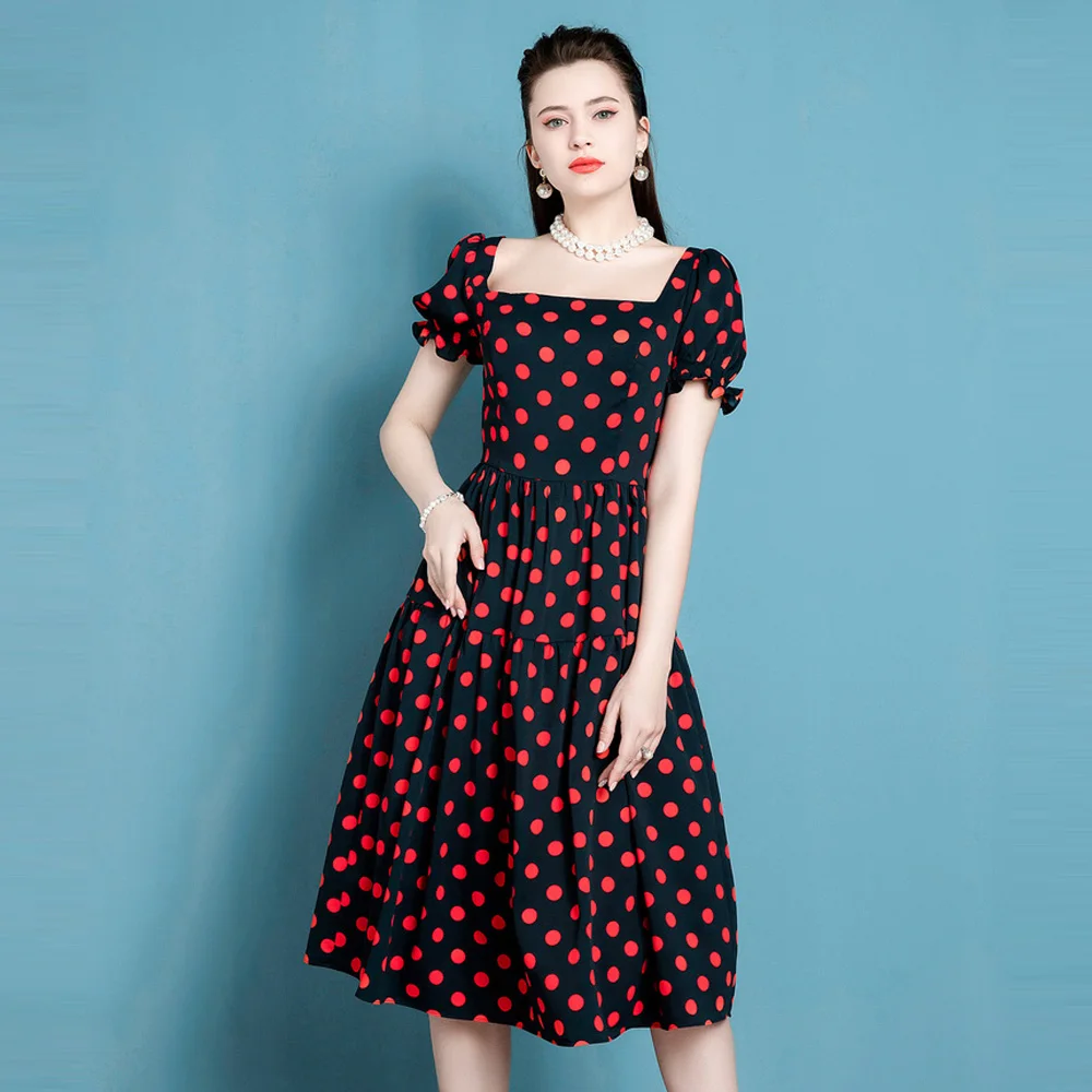 

High End Retro Dress Women Summer New French Lady Fashion Temperament Wave Point Skirt