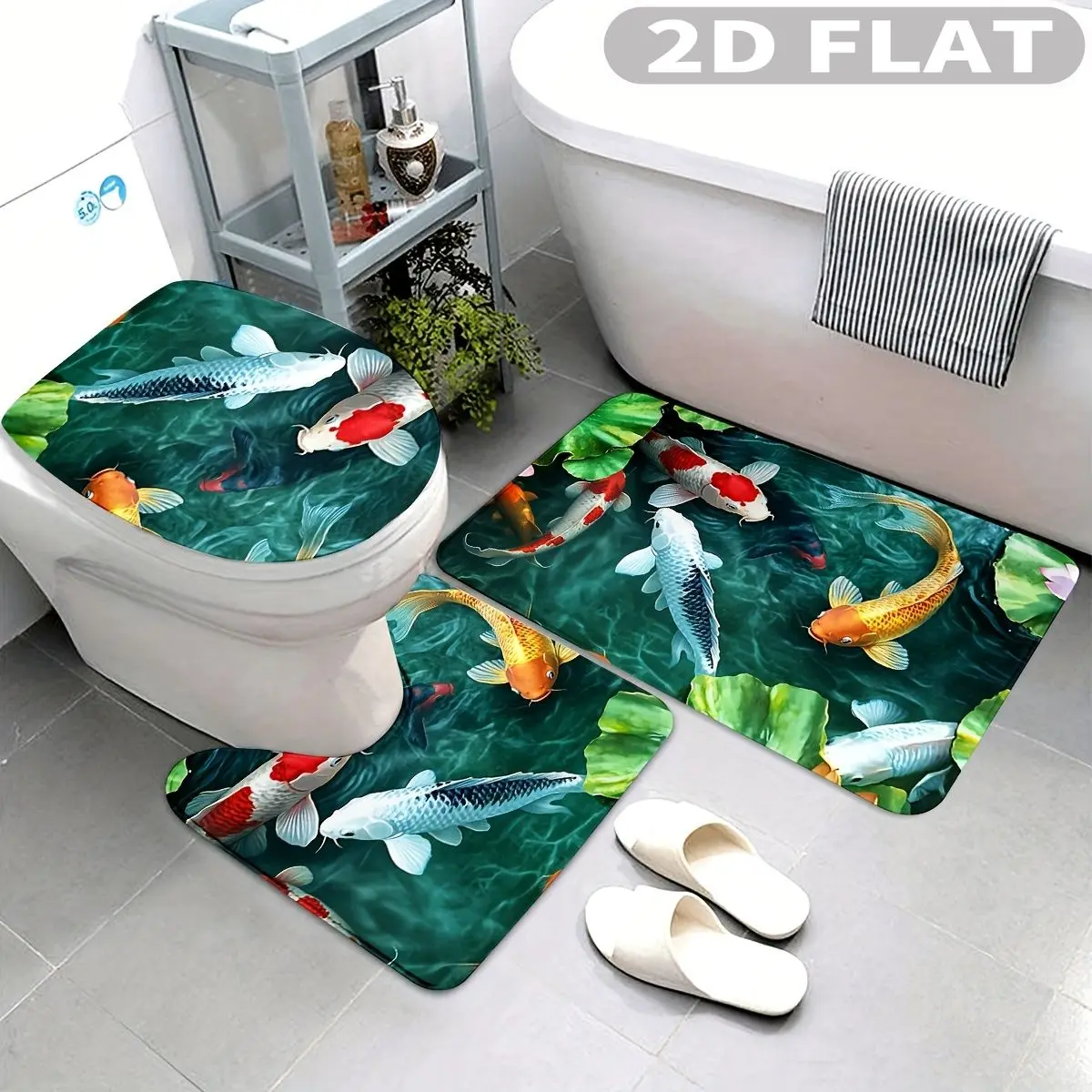 

3pcs Bathroom Rug Set Koi Fish Water Lily Pond 3pcs Bath Mats Set for Bathroom Non-Slip Cover Mat